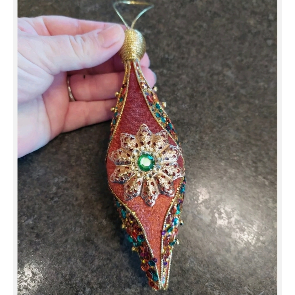 Christmas Vtg Handmade Velvet Ornament Sequin Brown Gold Ornate